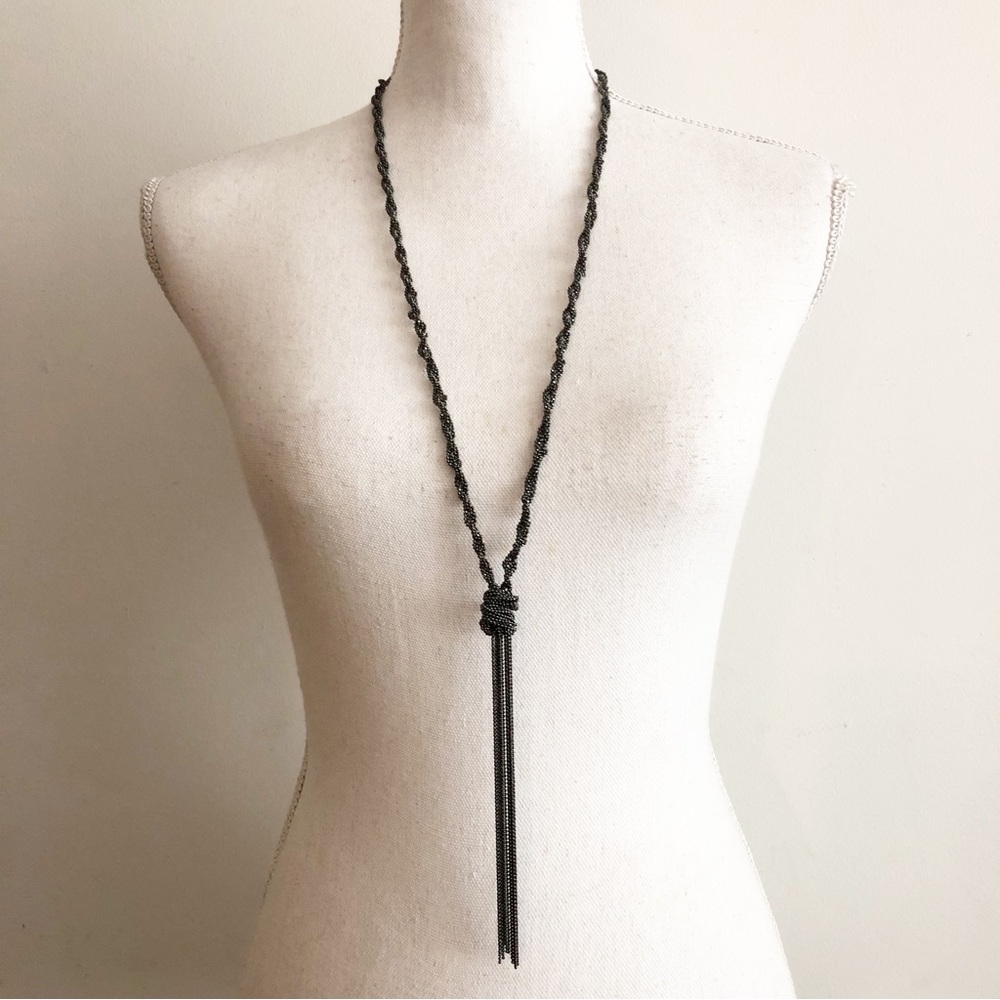 Gun Metal Tone Twisted Lariat Long Statement Necklace with Tiny Gun Metal Beads